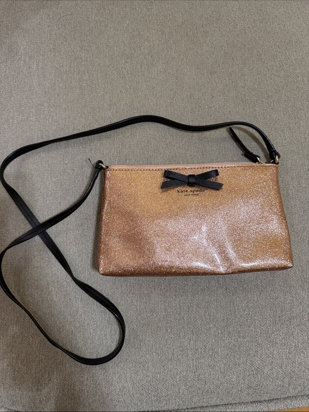 kate spade Rose Gold Glitter Crossbody with Black Bow and Strap